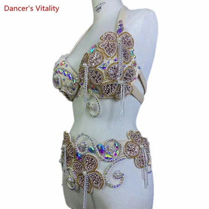 Belly Dance Costume Suit Women Customsized Hand Made Bra+belt 2pcs Girl's Oriental Belly Dancing Belt Competitoin Suit