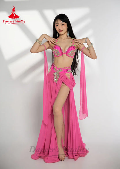 Belly Dance Performance Suit for Women Stones Bra+chiffon Long Skirt 2pcs Customsized Adult Child Oriental Belly Dancing Outfit