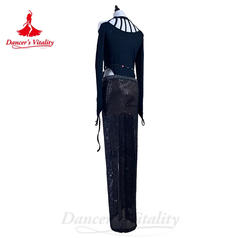 BellyDance Costume Customized Long Sleeved Pure Cotton Top+Rhinestone Sequin Long Skirt 2pcs Oriental Dance Performance Costumes