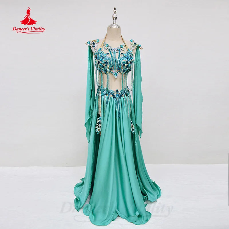 Belly Dance Clothing Women's Customization Luxury Rhinestone Bra+senior Satin Split Long Skirt 2pcs Oriental Performance Set