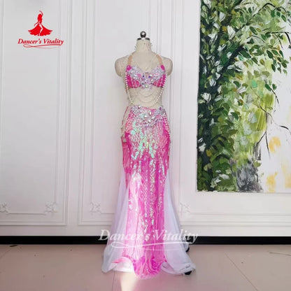 Belly Dance Outfit Customized Senior AB Stones Bra+Sequined Fishtail Long Skirt 2pcs Oriental Dance Clothing Dance's Vitality