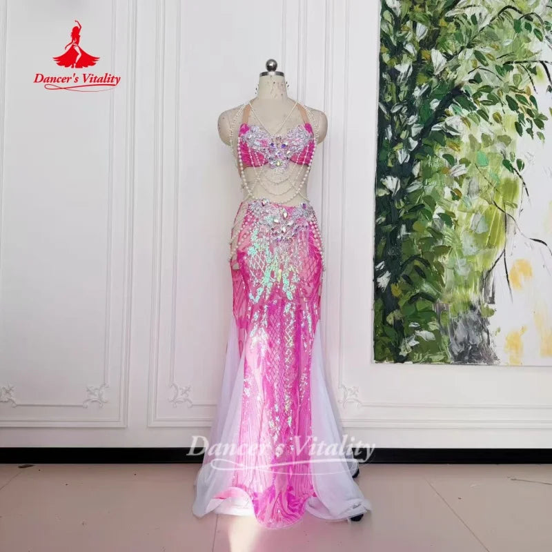 Belly Dance Outfit Customized Senior AB Stones Bra+Sequined Fishtail Long Skirt 2pcs Oriental Dance Clothing Dance's Vitality