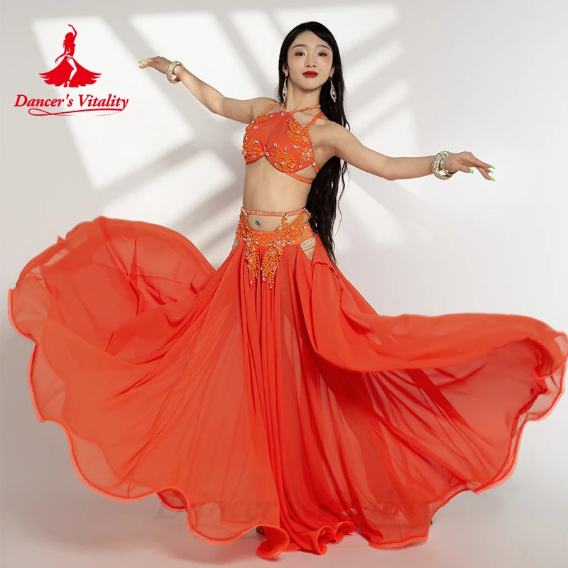 Belly Dancer Costume Set for Women Senior AB Stones Bra Top+chiffon Long Skirt 2pcs Custom Adult Child Oriental Dancing Outfit