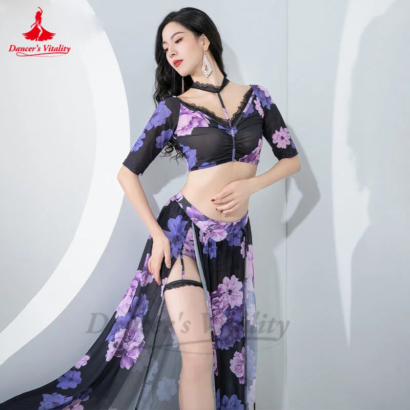 Belly Dance Practice Suit for Women 2023 New Mesh Printed Sexy Lace Lace Practice Suit Adult Oriental Belly Dancing Outfit