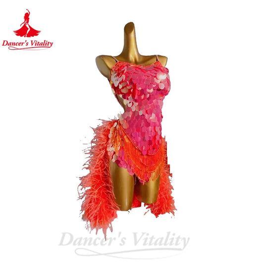 Latin Dance Dress for Women Sequins Feather Rumba Chacha Tango Performance Profession Clothing Custom Adult Child Latin Skirt