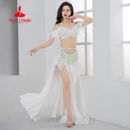 Bellydance Practice Clothes Customized V-neck Sleeveless Top+AB Stones Tassel Long Skirt 2pcs Belly Dance Performance Costumes