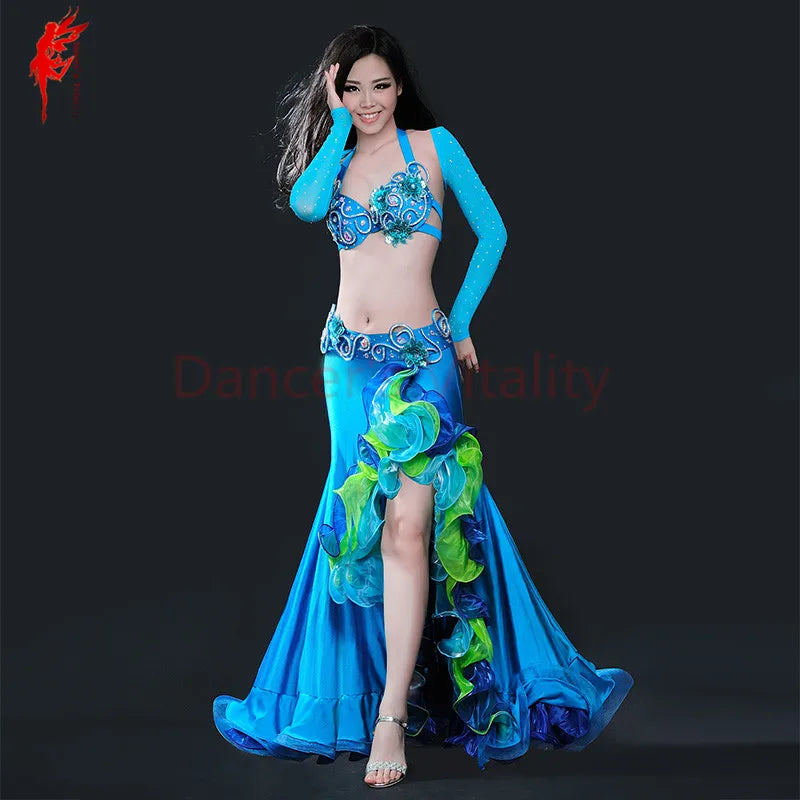 Belly dance clothing women luxury belly dance suit bra+shoulder+belt+skirt 4pcs belly dance clothes suit performance suit S M L