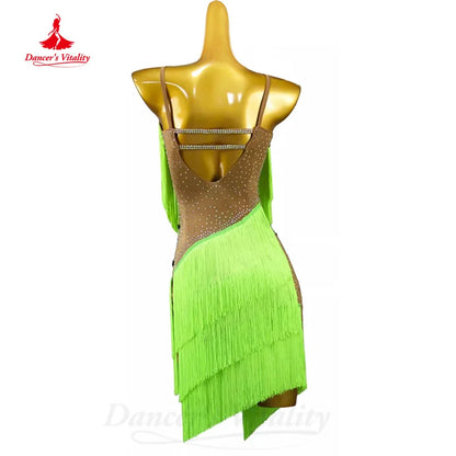 Latin Dance Performance Costumes Customized Light Luxury AB Stones Irregular Tassel Dress Adult and Children's Practice Clothes