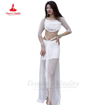 Belly Dance Costumes Mesh Half Sleeves Top+hip Long Skirt 2pcs Oriental Training Suit Female Bellydance Performance Suit