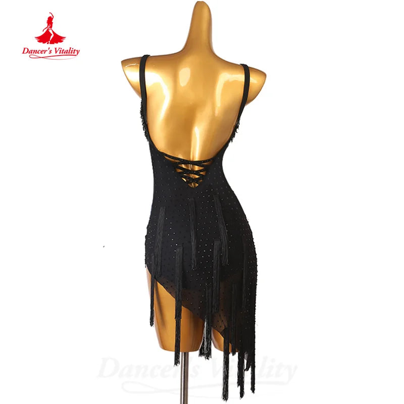 Latin Dance Tassel Dress Customized Senior AB Stones Sexy Backless Skirt Adult Children Tango Chacha Samba Performance Costume