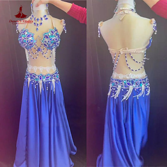 Belly Dance Performance Set for Women Customzied Bra+Belt+Satin Long Skirt 3pcs Oriental Set Adult Children Bellydancing Outfit