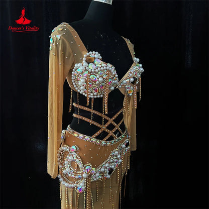 Belly Dance Costume Suit for Women Oriental Senior Pearls Bra+mesh Skirt 2pcs Custom Adult Child Popsong Classic Costume Outfit