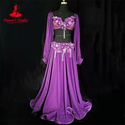 Belly Dance Performance Costume Set for Women Customsized Long Sleeves Bra+satin Long Skirt 2pcs Adult Children Bellydance Suit