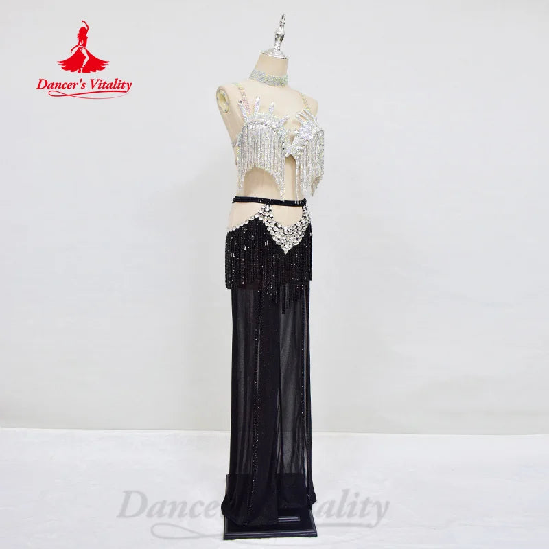 Belly Dancing Set Customized Luxury Rhinestone Tassel Bra+Sexy Split Split Long Skirt 2pcs Oriental Dance Performance Clothing