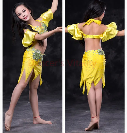 Girls belly dance clothes kids luxury belly dance suit girls top+short skirt+undewear+long skirt 4pcs kids belly dance set S,ML