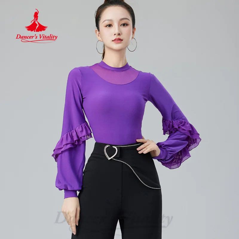 Modern Dancing Tops Adult Customized Comfortable and Breathable Long Sleeved Top Women's Tango Chacha Samba Training Clothes