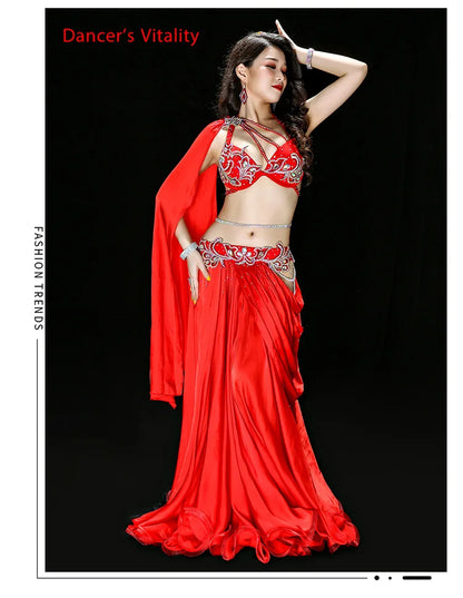 Pre Sale Luxury Women Oriental Dance Performance Costume Red Bellydance Show Wear Handmade With Long Wings Sleeve Red