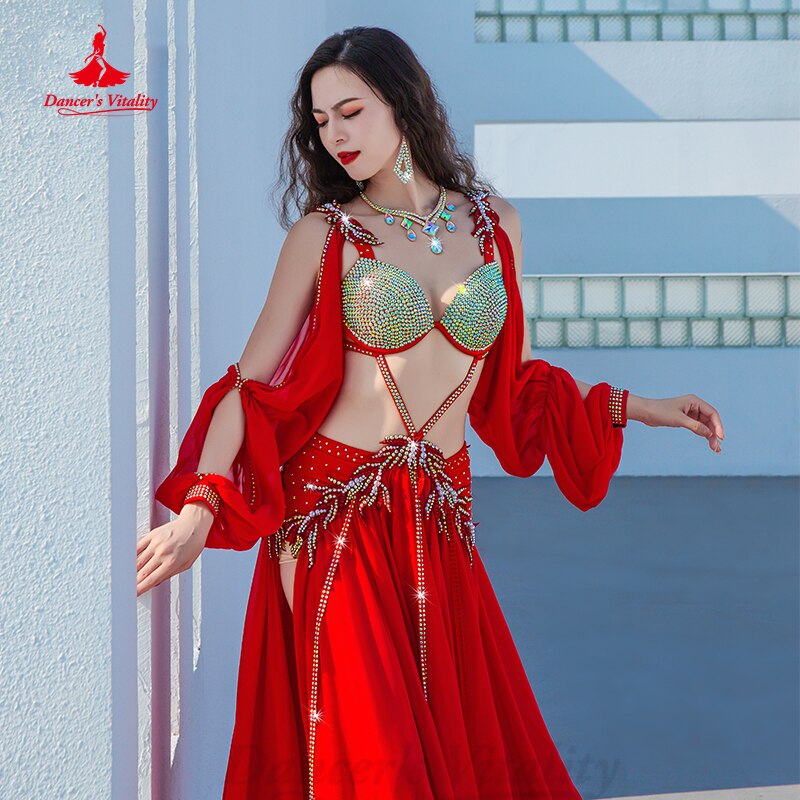 Belly Dance Performance Clothes Women Customsized AB Stones Bra+sleeves+chiffon Long Skirt Female Popsong Competiton Outfit