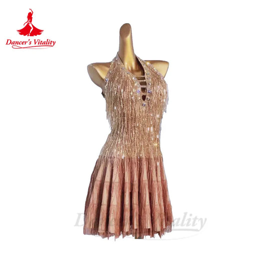 Latin Dance Performance Dresses for Women AB Stones Rumba Chacha Tango Competiton Professional Skirt Custom Latin Tassel Dresses