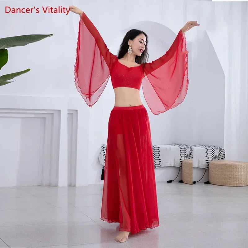 Belly Dance Costume Set Loudspeaker Sleeves+sexy Split Chiffon Skirt 2pcs Customzied Adult Child Oriental Dance Wear 6XL