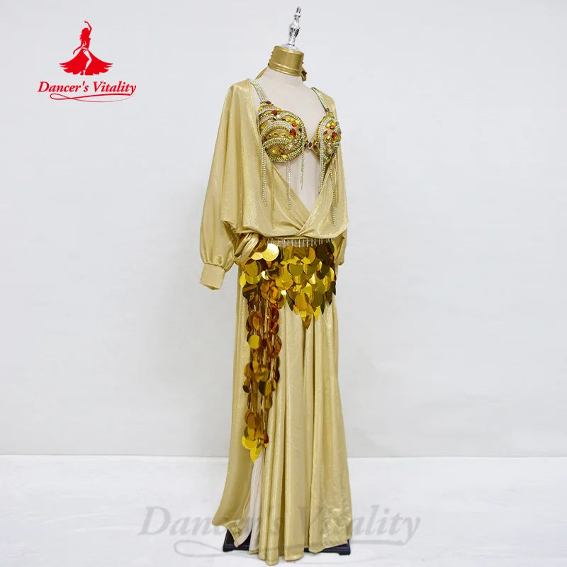 Bellydance Costume Women Customized AB Stones Bra+Elegant Robe+Sequin Hip Scarf+Headscarf 4pcs Belly Dance Performance Costumes