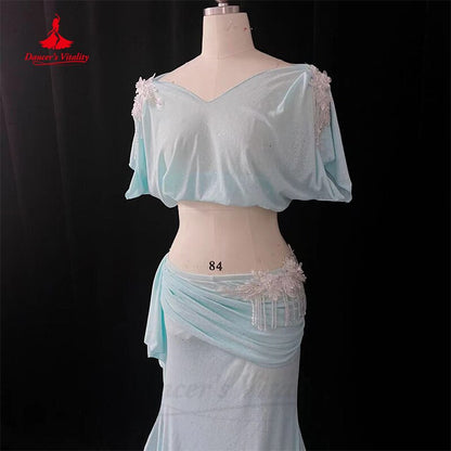 Belly Dance Professional Costume Suit Loose Half Sleeves Top+Fishtail Skirt 2 Pcs for Women Oriental Belly Dancing Wear Clothing