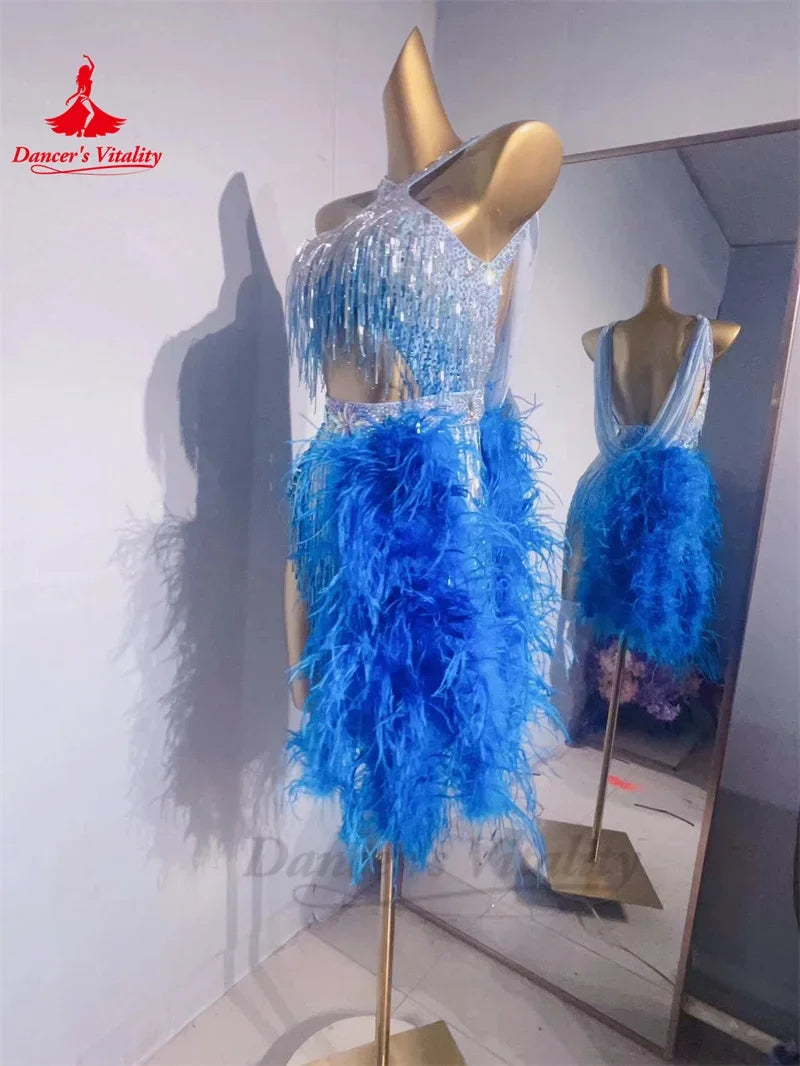 Latin Dance Dress Women AB Stones Feather Rumba Chacha Tango Performance Competiton Clothing Skirt Adult Child Latin Dresses