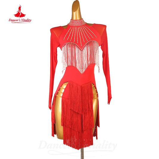 Latin Dance Clothing Customized Long Sleeved Sexy Backless Tassel Dress Adult Children Tango Chacha Lombard Performance Costumes