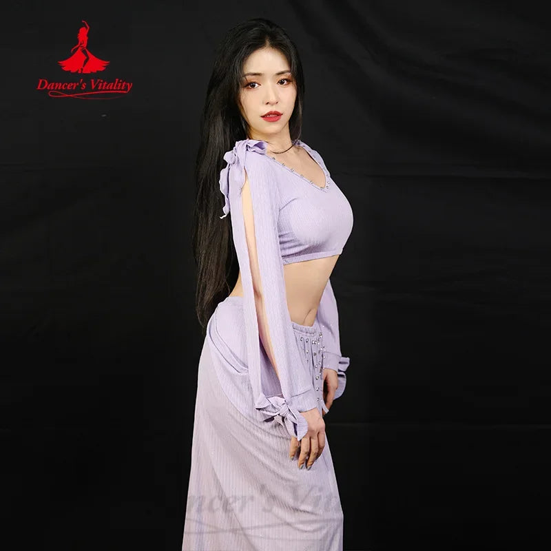 Belly Dancing Costume Set for Women Sexy Long Sleeved Top+Tassel Fishtail Skirt 2pcs Belly Dancer Professional Practice Clothes