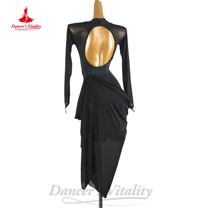 Latin Dance Practice Clothing Adult Children Customized Sheer Long Sleeved Dress Chacha Samba Professional Performance Costumes