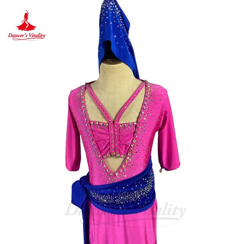 Belly Dance Costume for Children's Rose Red Slim Fit Robe with Diamond Headband Belt Oriental Dance Saidi Baladi Clothing Set