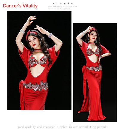 Belly Dance Performance Clothing for Women Shaabi Baladi 4pcs Bra+Robe+Headband+Belt+Underpants Belly Dancing Stage Robes