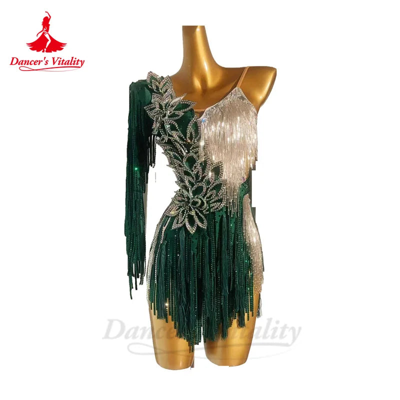 Latin Dance Performance Fringe Dress for Women Senior AB Stones Rumba Chacha Tango Competiton Costume Adult Child Latin Dresses