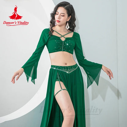 Belly Dance Performance Suit for Women Mesh Long Sleeves+split Long Skirt 2pcs Oriental Belly Competition Professional Cothing