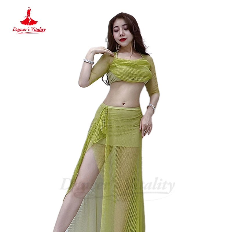 Belly Dance Costumes Mesh Half Sleeves Top+hip Long Skirt 2pcs Oriental Training Suit Female Bellydance Performance Suit