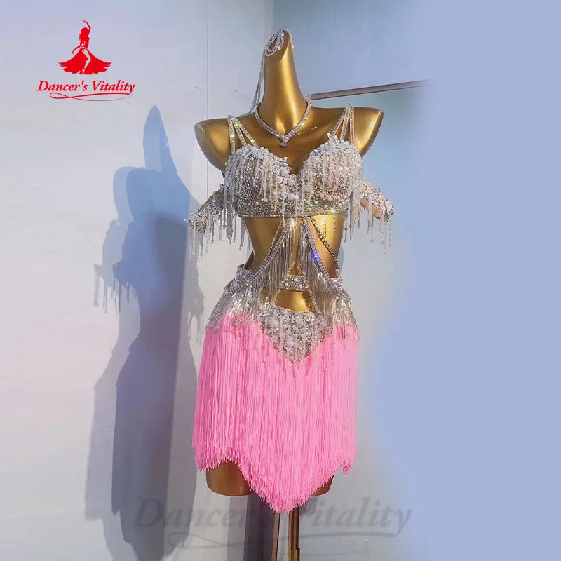 Latin Dance Competition Dresses Women's Customized Luxury Water Diamond Exquisite Pearl Tassel Dress Chacha Performance Costume