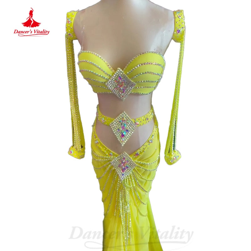 Belly Dancer Costume Suit Women Customsized Senior AB Stones Bra+sleeves+Fishtail Skirt 3pcs Girl's Oriental belly Dancing Suit