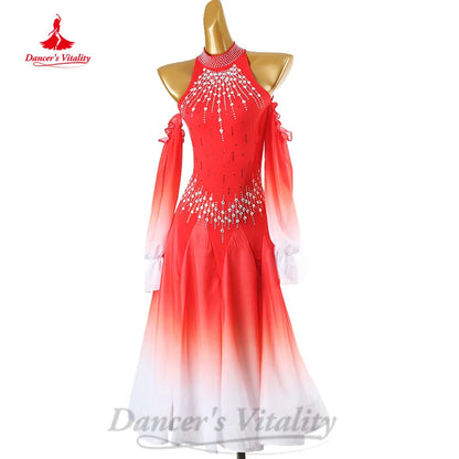 Ballroom Dance Competition Dresses Customized Elegant Long Sleeved Gradient Dress Waltz Modern Dancing Performance Clothing