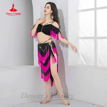 Belly Dancing Performance Set Customized Light Luxury Rhinestone Top+Sexy Split Tassels Skirt 2pcs Women Oriental Dance Clothing