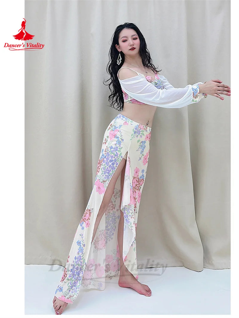 Belly Dance Practice Clothes for Women Chiffon Long Sleeves Top+printing Long Skirt 2pcs Adult Oriental Belly Dancing Outfit