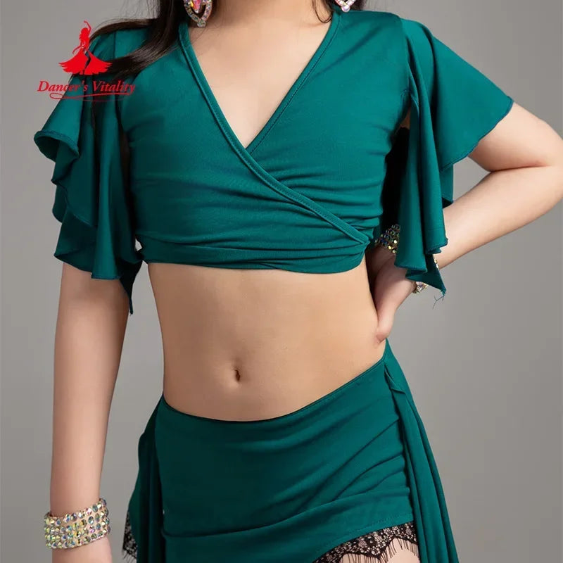 BellyDance Practice Clothes for Kid V-neck Short Sleeved Top+Lace Long Skirt 2pcs Girls Oriental Dance Training Clothing