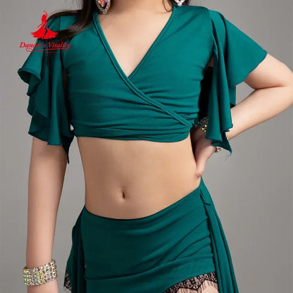 BellyDance Practice Clothes for Kid V-neck Short Sleeved Top+Lace Long Skirt 2pcs Girls Oriental Dance Training Clothing