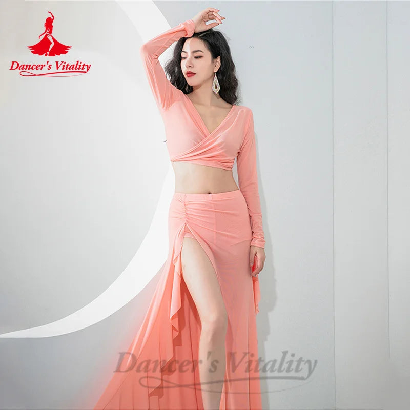 Belly Dance Costume Set for Women Mesh Long Sleeves Top+skirt 2pcs Practice Suit Oriental Group Clothing Belly Dancing Outfit