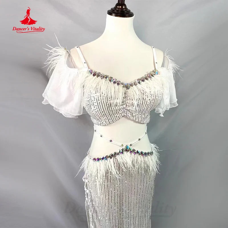 BellyDance Costume Customization Light Luxury Feather Bra+sequin Split Long Skirt 2pcs Women Oriental Dance Performance Costumes