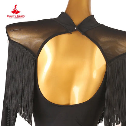 Latin Dancing Dresses Women's Customization Black Sexy Split Tassel Dress Tango Chacha Samba Professional Performance Clothing