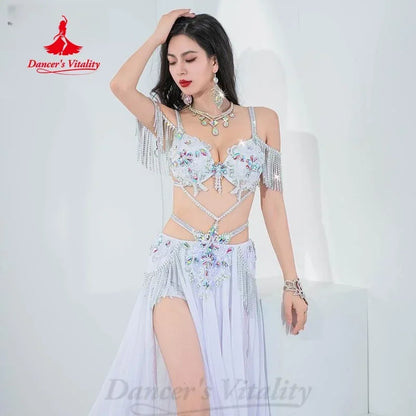 Belly Dance Performance Set Exquisite Pearl Bra+Tassel Chiffon Long Skirt 2pcs Adult Women's Oriental Dance Competition Costumes