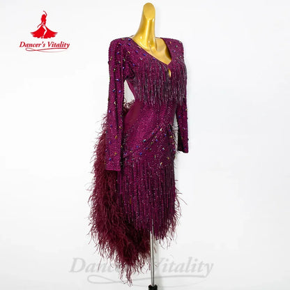 Latin Dance Fringe Dresses Customized Luxury Full Diamond Feather Backless Dress for Adult and Children's Performance Costumes