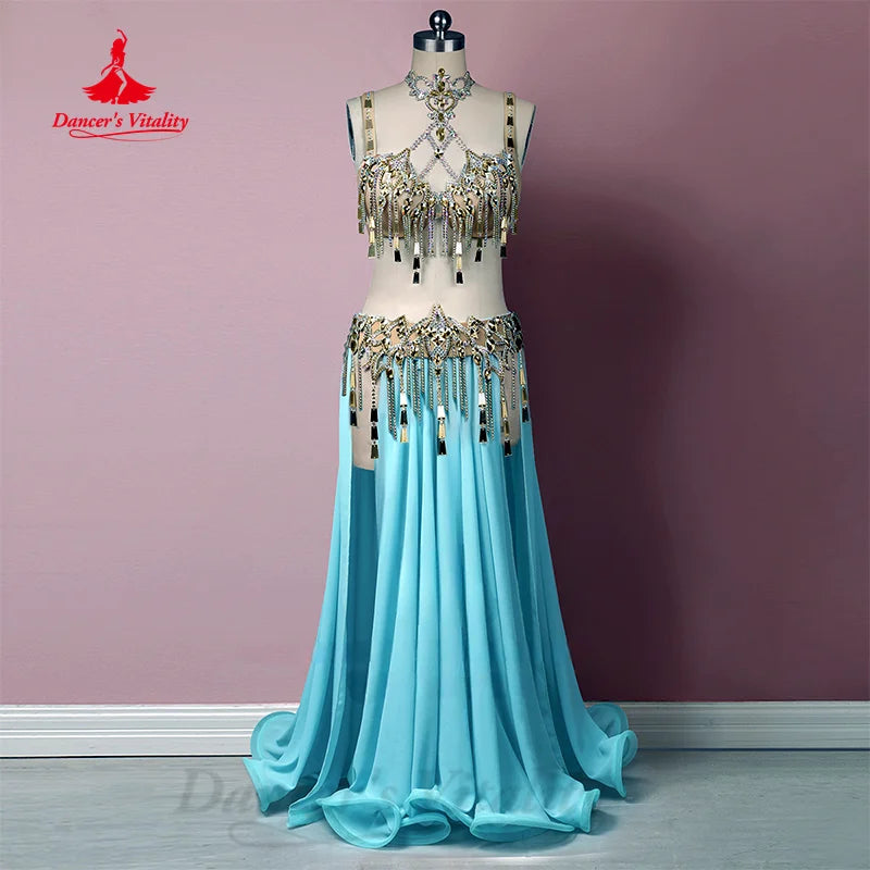 Bellydance Clothing Set Customized Luxury AB Stones Bra+ Sequin Tassel Split Long Skirt 2pcs Oriental Dance Performance Costumes