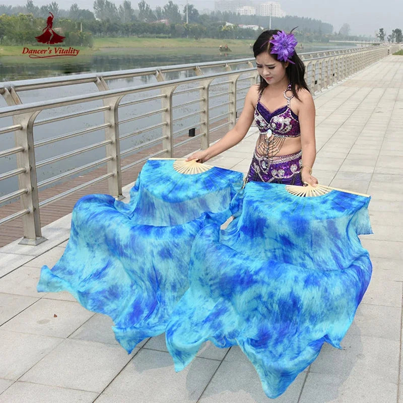 Dyed 100% pure natural silk fan veils for women belly dance performance fan belly dance costumes and accessories A pair