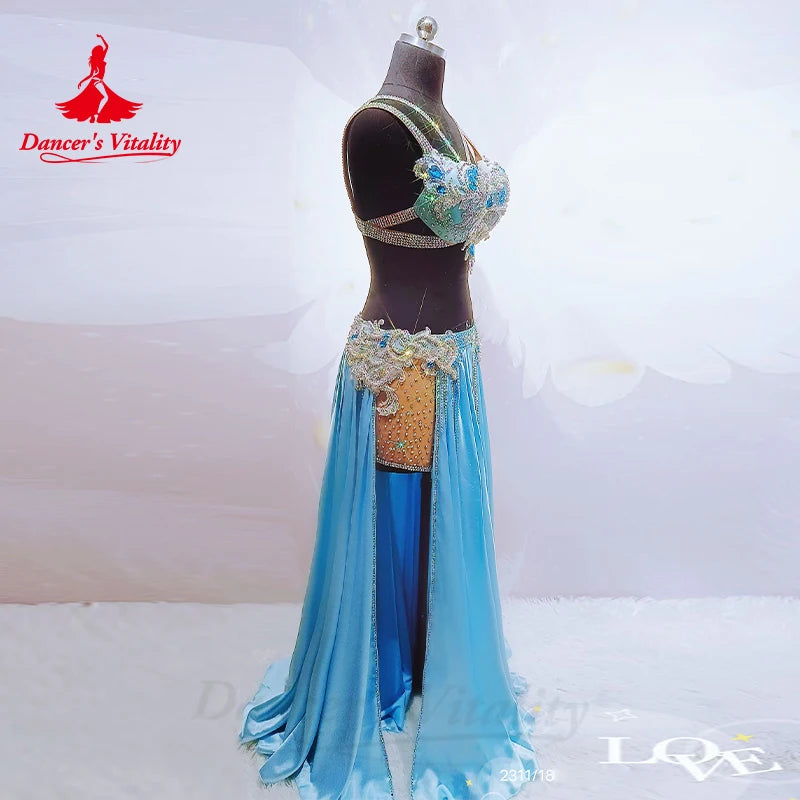 Belly Dance Perpormance Costume Suit for Women Senior AB Stones Bra+satin Split Long Skirt 2pcs Oriental Belly Dancing Outfit